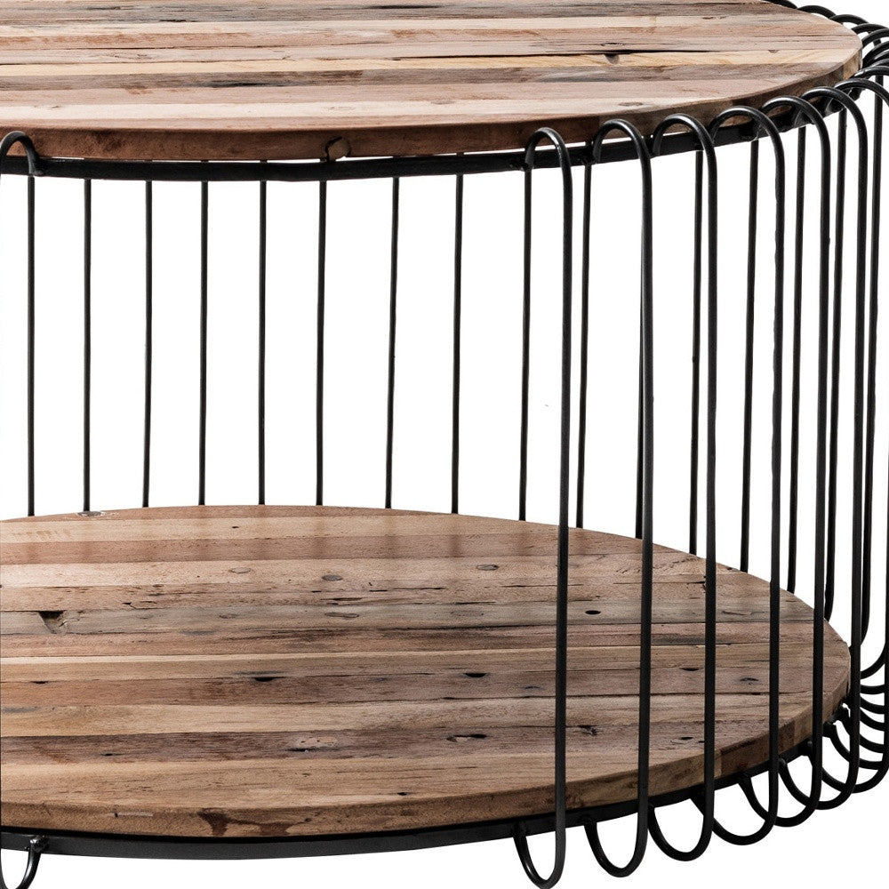 32" Natural And Black Solid Wood And Steel Round Coffee Table With Shelf - Loft&Timber