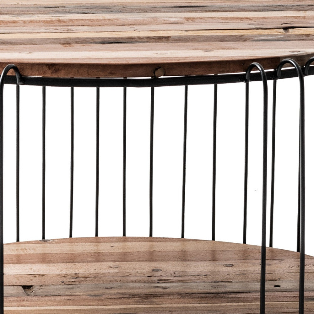 32" Natural And Black Solid Wood And Steel Round Coffee Table With Shelf - Loft&Timber