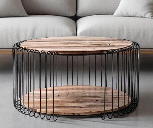 32" Natural And Black Solid Wood And Steel Round Coffee Table With Shelf - Loft&Timber