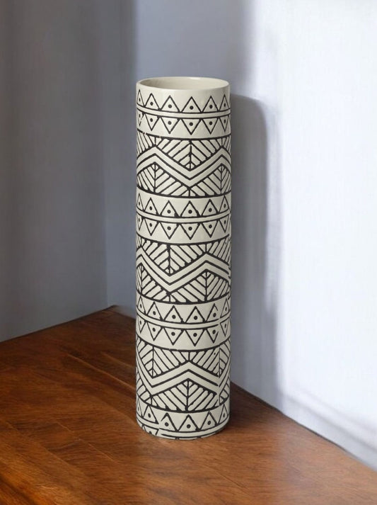 14" Cream Geometric Cylinder Ceramic Table Vase - Loft&Timber