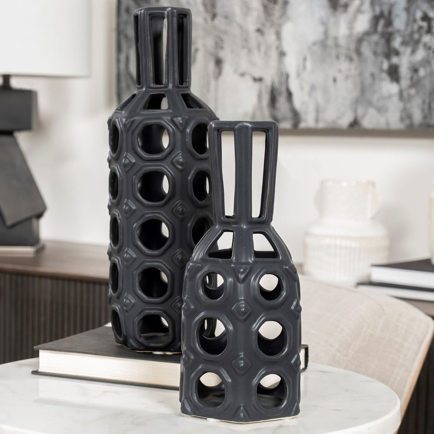 12" Black Ceramic Pierced Geometric Cylinder Table Vase - Loft&Timber
