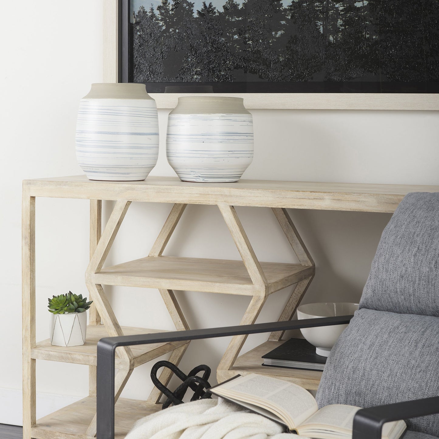 9" White Blue and Sand Abstract Cylinder Ceramic Table Vase - Loft&Timber