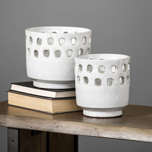 Set of Two White Abstract Cylinder Ceramic Table Vase - Loft&Timber