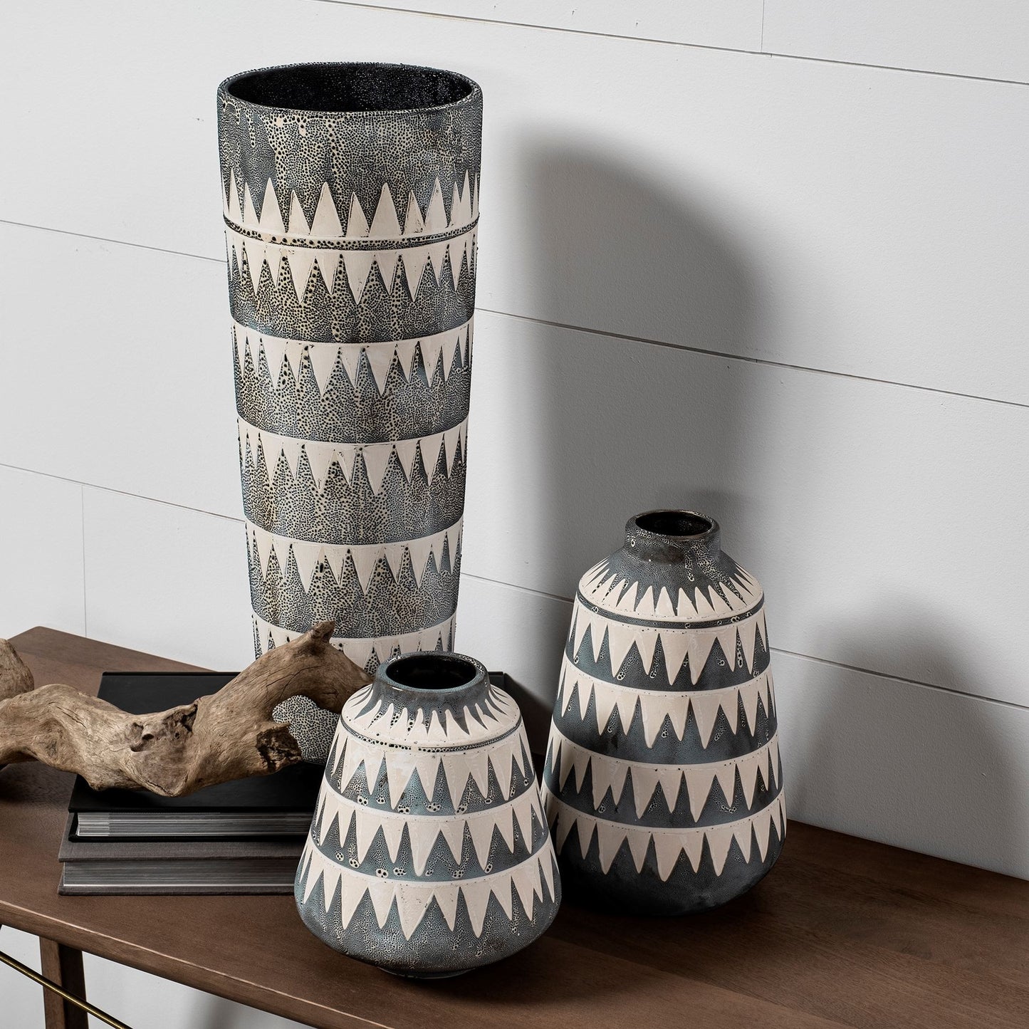 10" Gray And Ivory Abstract Cylinder Ceramic Table Vase - Loft&Timber