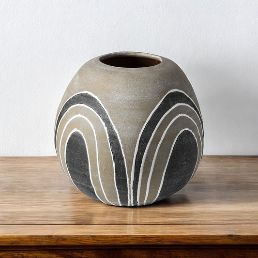 10" Brown And White Abstract Cylinder Ceramic Table Vase - Loft&Timber