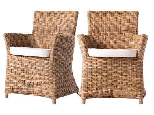 Set of Two Cream And Natural Rattan Dining Arm Chairs - Loft&Timber