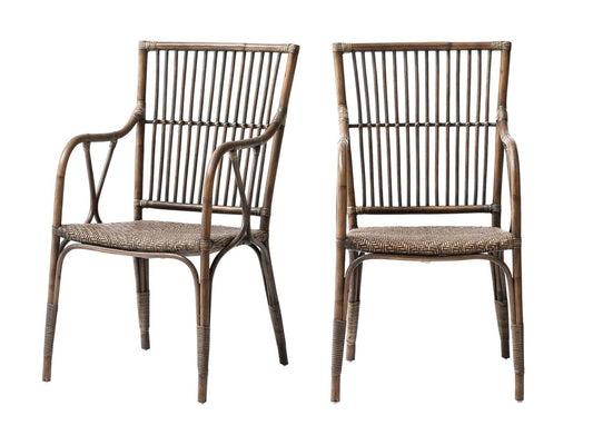 Set of Two Natural Rattan Slat Back Dining Arm Chairs - Loft&Timber