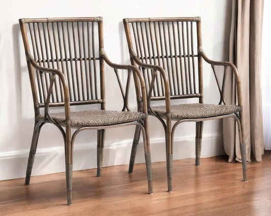 Set of Two Natural Rattan Slat Back Dining Arm Chairs - Loft&Timber