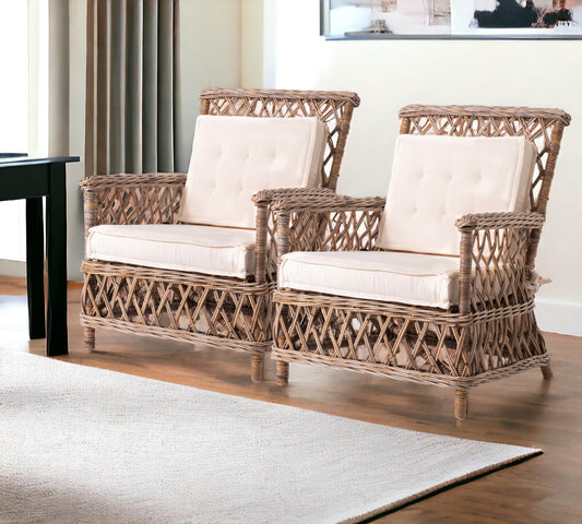 Set of Two Cream and Natural Cross Back Dining Arm Chairs - Loft&Timber