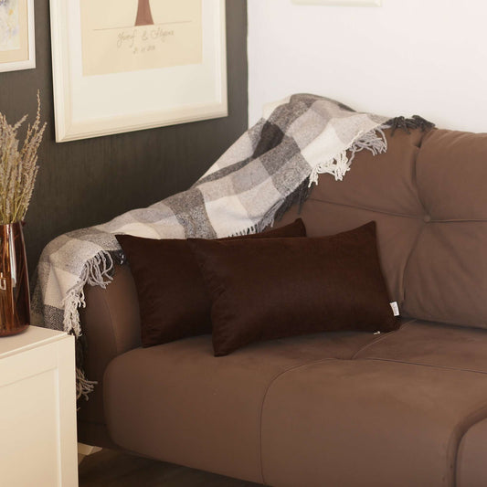 Set of Two 12" X 20" Brown Fabric Lumbar Throw Pillows - Loft&Timber