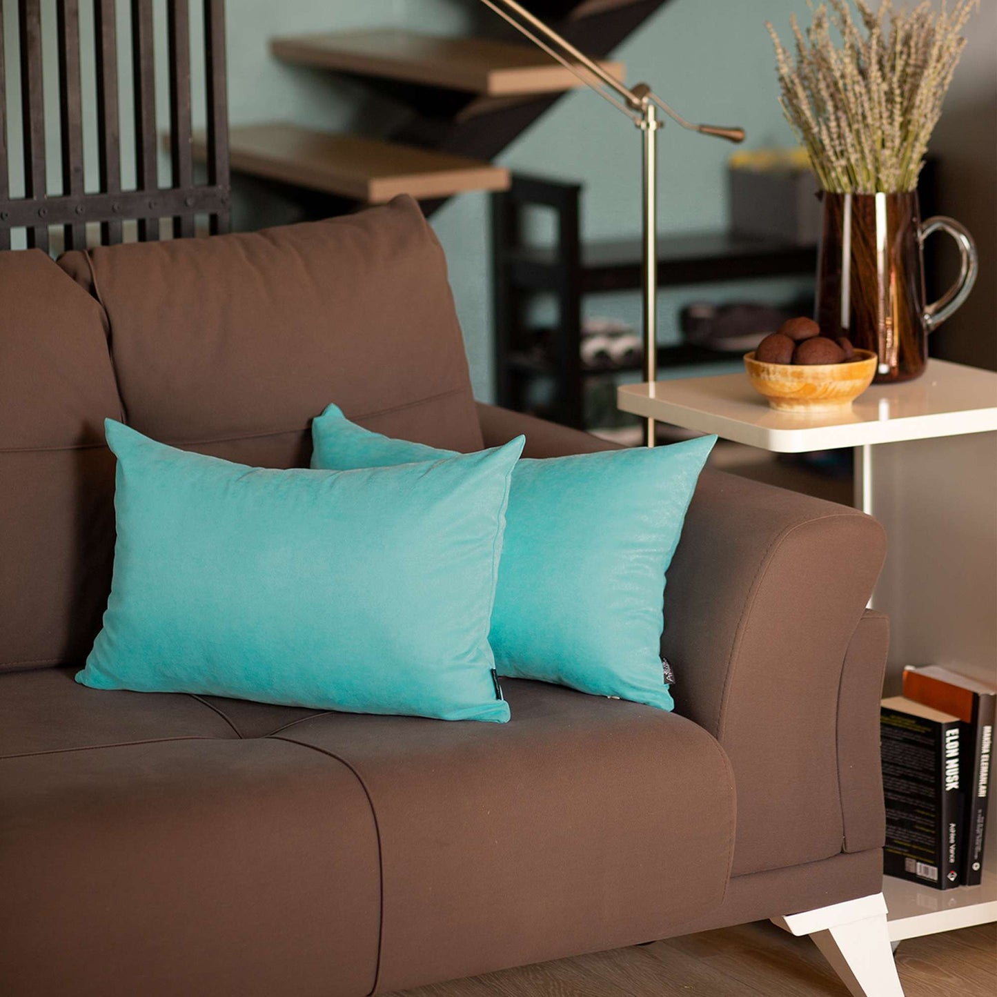 Set of Two 12" X 20" Turquoise Fabric Lumbar Throw Pillows - Loft&Timber