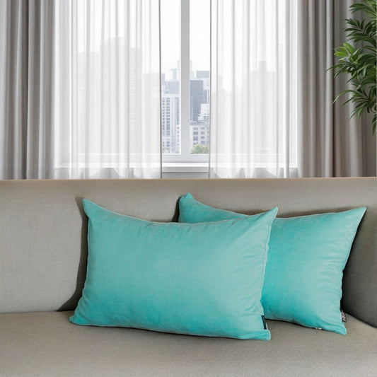 Set of Two 12" X 20" Turquoise Fabric Lumbar Throw Pillows - Loft&Timber