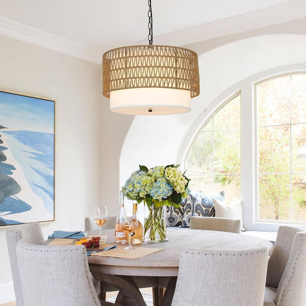 Farmhouse Chandeliers for Dining Room,5-Light Rattan Boho Chandelier Light Fixture with Fabric Shade,Hand Woven Large Rattan Dining Room Light Fixture for Kitchen Bedroom Island Hallway-0