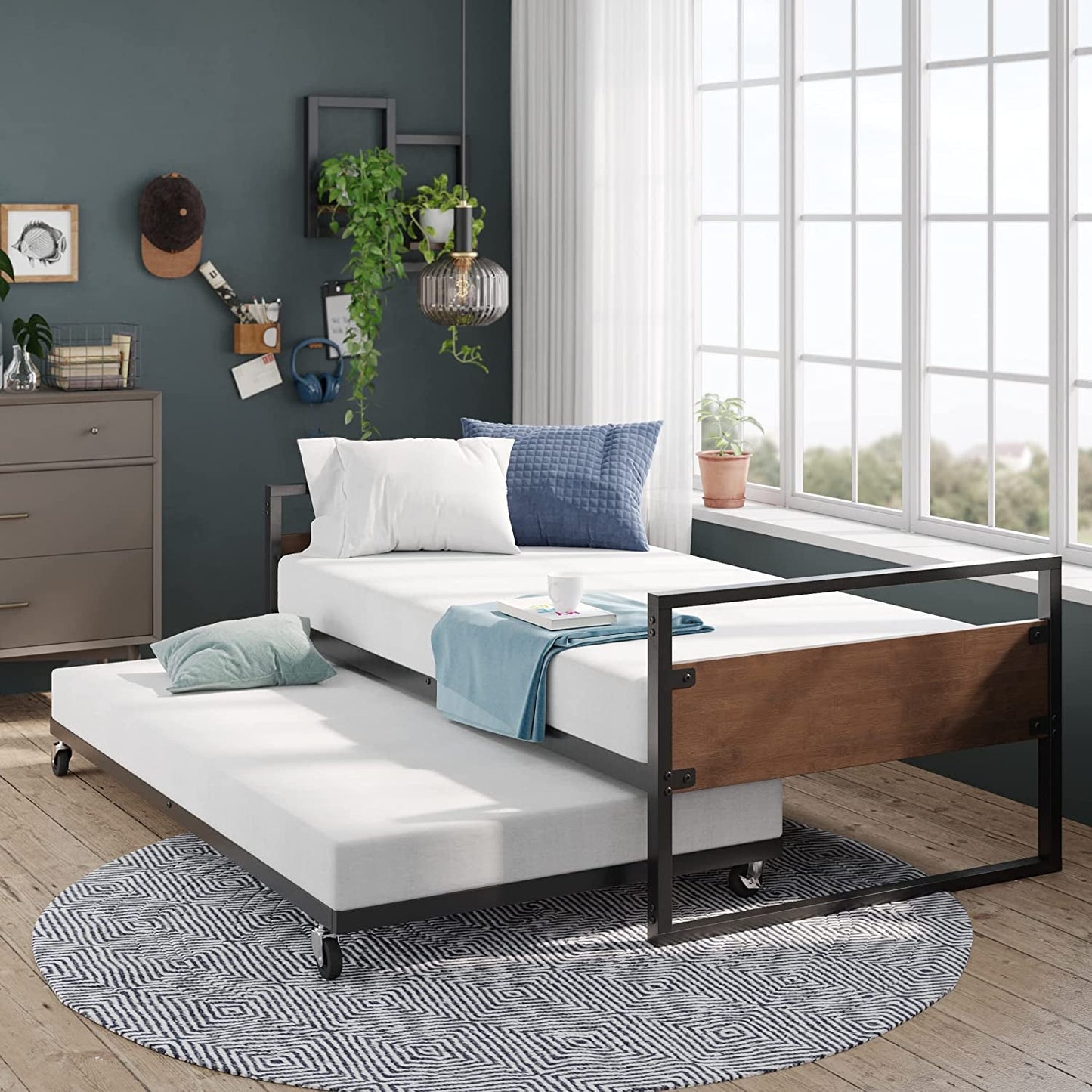 Twin over Full Metal Bunk Beds with Trundle Bed, Black-1