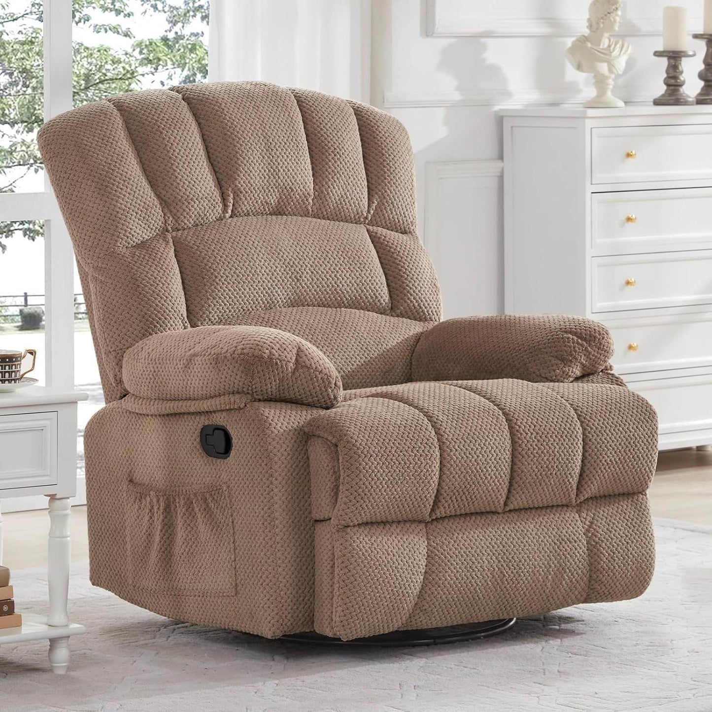 Oversized Rocker Recliner Chair, 360° Swivel (Khaki) - Loft&Timber