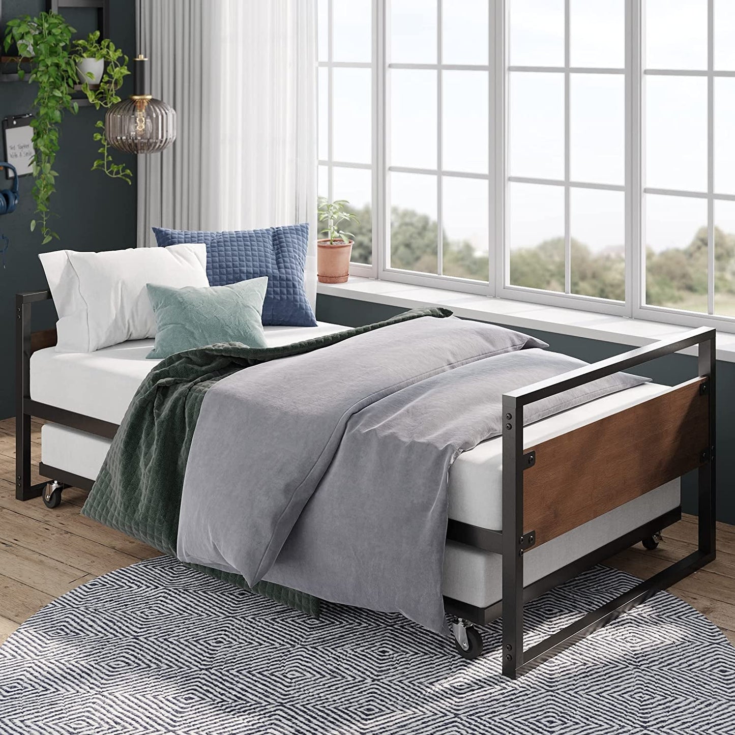 Twin over Full Metal Bunk Beds with Trundle Bed, Black-3