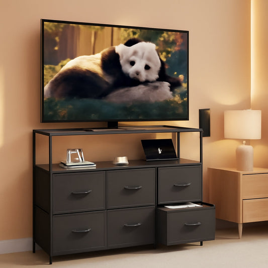Dresser TV Stand for Bedroom, Entertainment Center with Open Shelf and Power Outlet, Black Fabric Dressers with 5 Drawers, TV Stands for Closet-0