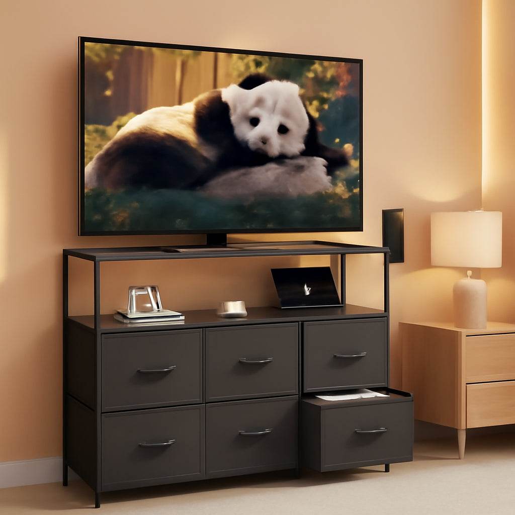 Dresser TV Stand with Open Shelf and Power Outlet, in Black with 5 Drawers - Loft&Timber