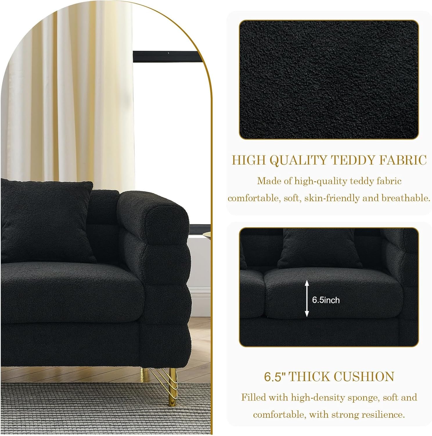 Sofa, 2 Pieces Sofa Set,Oversize 2/3 Seater Extra Deep Seat Sofa,Modern Upholstered Futon Sofa Couch, Comfy Teddy Bouclé Cloud Sofa,Furniture for Living Room,Bedroom,Office,Apartment(Black)-3