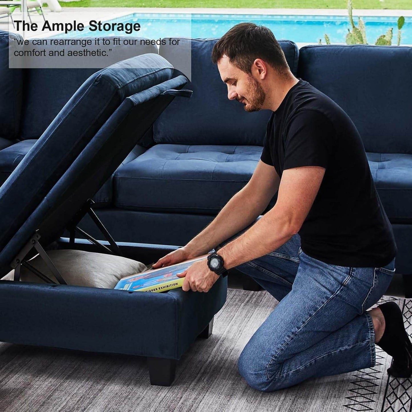 Velvet Modular Sectional Sofa Couch with Storage Convertible Sectional Sleeper Sofa Couch Bed Set with Reversible Chaise Blue - Loft&Timber