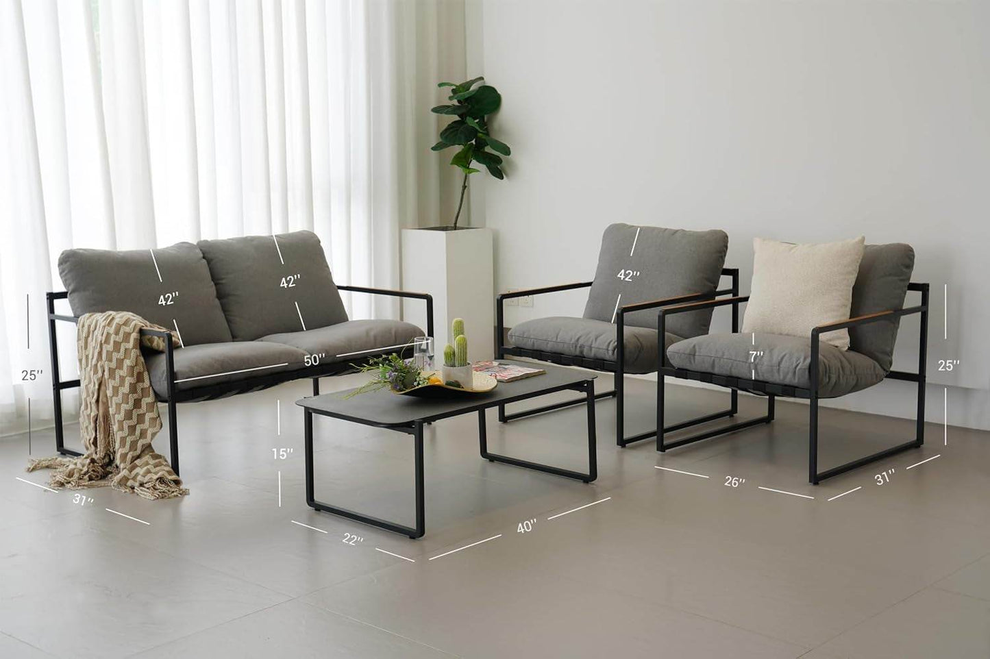 4-Piece Outdoor Furniture Set, Patio Outdoor Sofa with Cushion, Modern Metal Couch with Coffee Table, Outdoor Conversation Set for Porch Deck Balcony Backyard Living Room - Loft&Timber