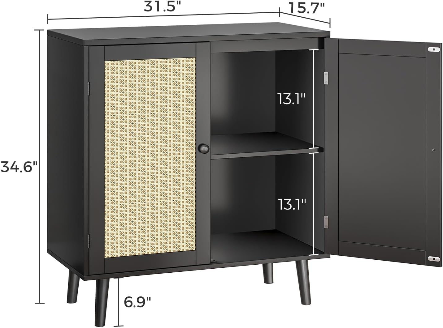 Buffet Cabinet with Storage, Storage Cabinet with Synthetic Rattan Decor Doors, Accent Cabinet with Solid Wood Feet, Sideboard Cabinet for Hallway, Entry, Living Room, Black-2