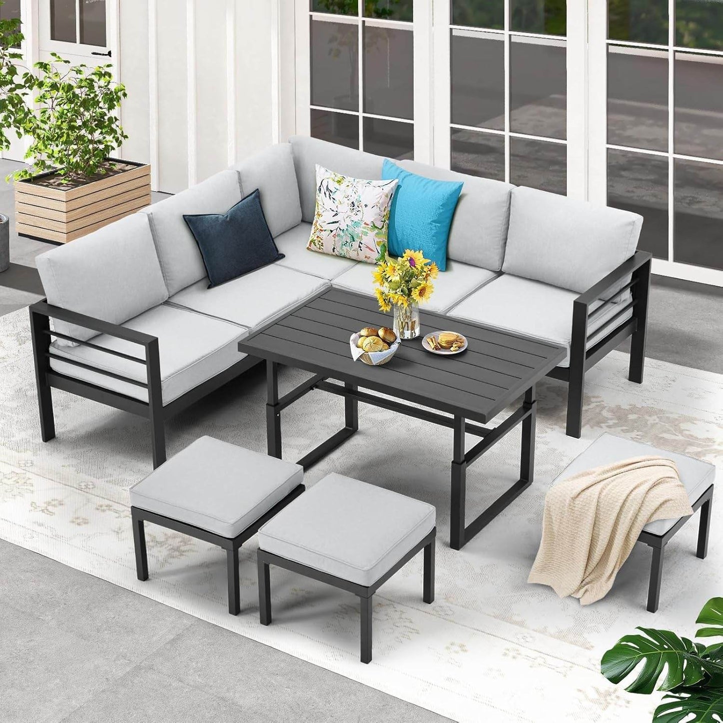 All Weather Aluminum Frame Patio Conversation Set, 7 Pieces Outdoor Patio Furniture, Patio Furniture Set, Outdoor Patio Set for Lawn, Garden, Balcony, Poolside, Conversation Set(Grey - Loft&Timber