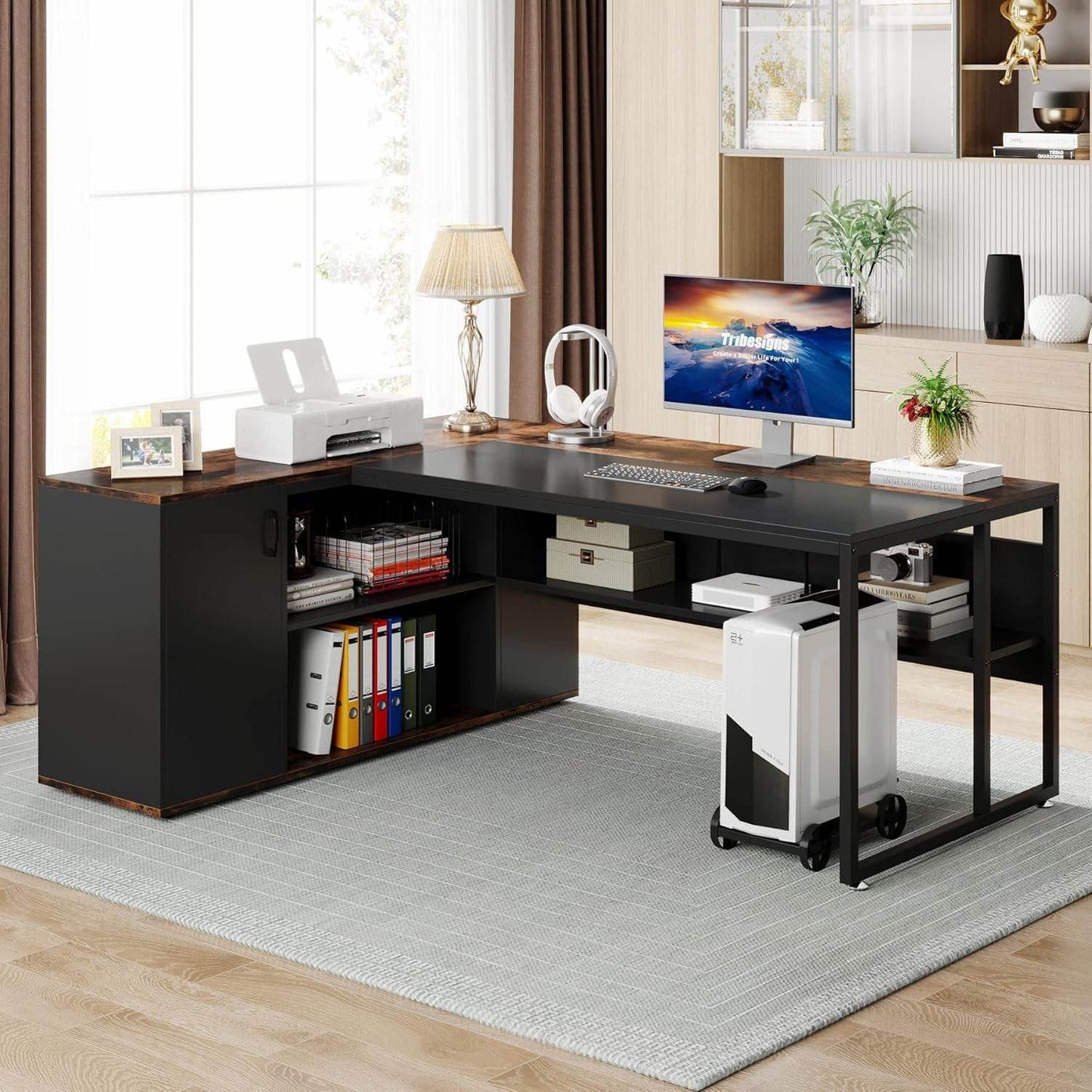 71 Inch Executive Desk, L Shaped Desk with Cabinet Storage in Brown and Black - Loft&Timber