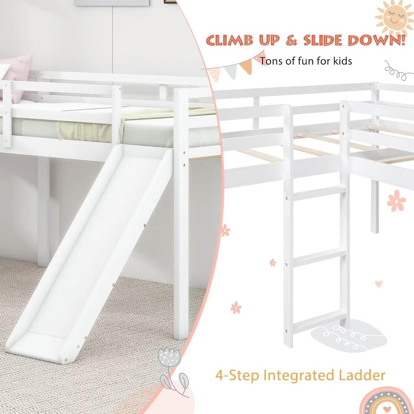 Wooden Twin Size Double Loft Bed with Slide and Ladder, L-Shaped Bed Frame with Full-Length Guardrail, Wood Bedframe for Kids Teens Adults Bedroom, 2 Twin Beds,White - Loft&Timber