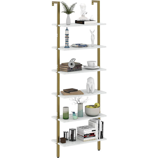Marble White 6-Tier Ladder Shelf Bookcase - Loft&Timber