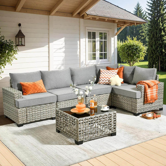 WEAXTY 6 Pieces Wicker Patio Furniture,Outdoor Sectional Furniture Set with Cushions and Luminous Coffee Table,All-Weather Conversation Sets Patio Furniture(Dark Gray) - Loft&Timber