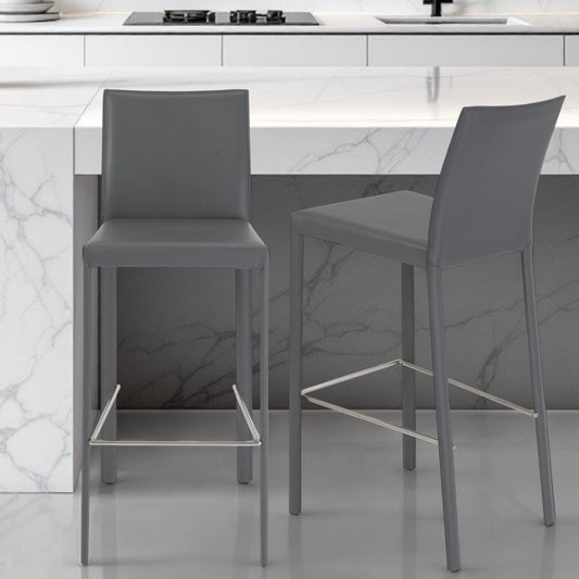 Set of Two 30" Gray Faux Leather and Steel Bar Height Bar Chairs - Loft&Timber