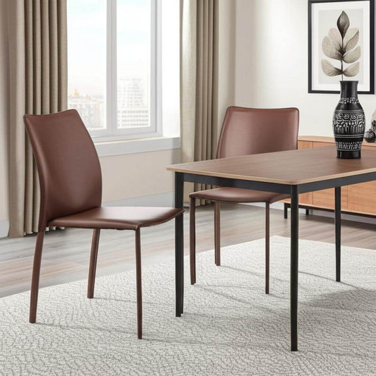 Set of Two Brown Upholstered Leather Dining Side Chairs - Loft&Timber