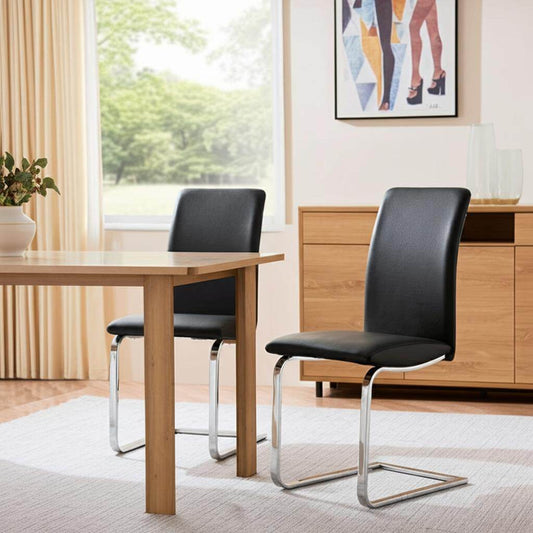 Set of Two Black and Silver Upholstered Leather Dining Side Chairs - Loft&Timber