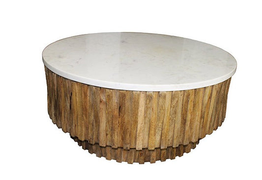 42" Ivory and Natural Genuine Marble and Solid Wood Round Solid Coffee Table - Loft&Timber