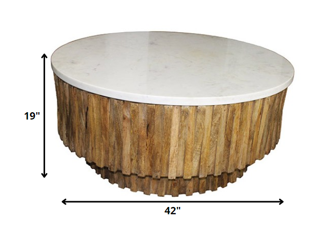 42" Ivory and Natural Genuine Marble and Solid Wood Round Solid Coffee Table - Loft&Timber