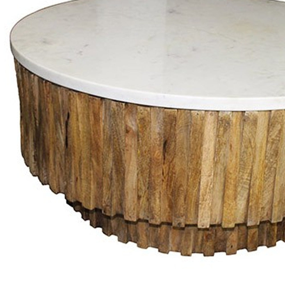 42" Ivory and Natural Genuine Marble and Solid Wood Round Solid Coffee Table - Loft&Timber