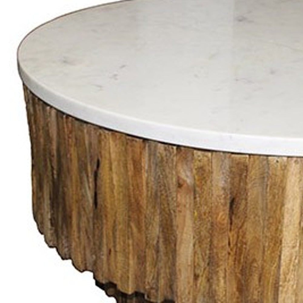 42" Ivory and Natural Genuine Marble and Solid Wood Round Solid Coffee Table - Loft&Timber