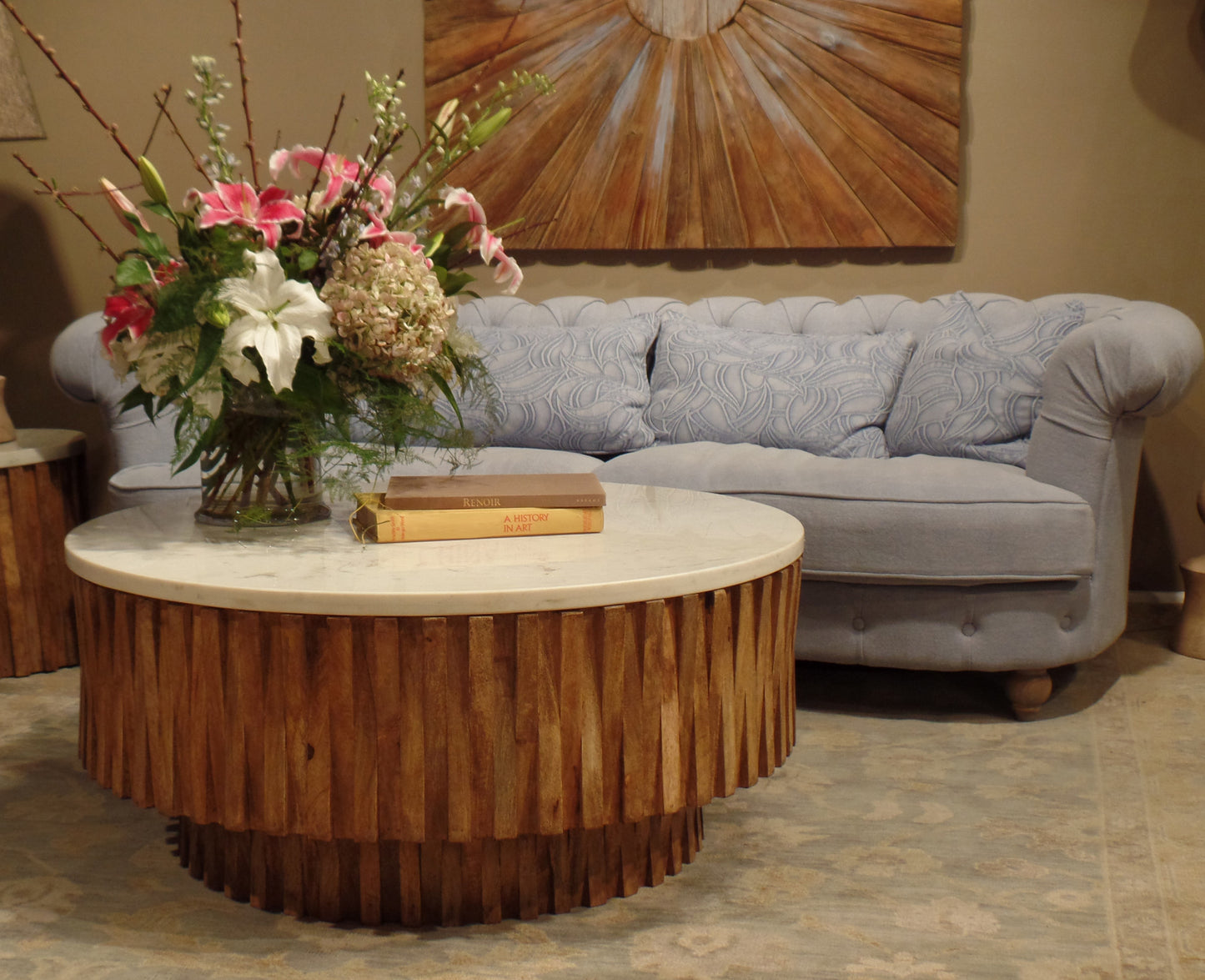 42" Ivory and Natural Genuine Marble and Solid Wood Round Solid Coffee Table - Loft&Timber