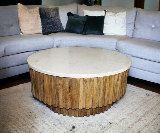 42" Ivory and Natural Genuine Marble and Solid Wood Round Solid Coffee Table - Loft&Timber