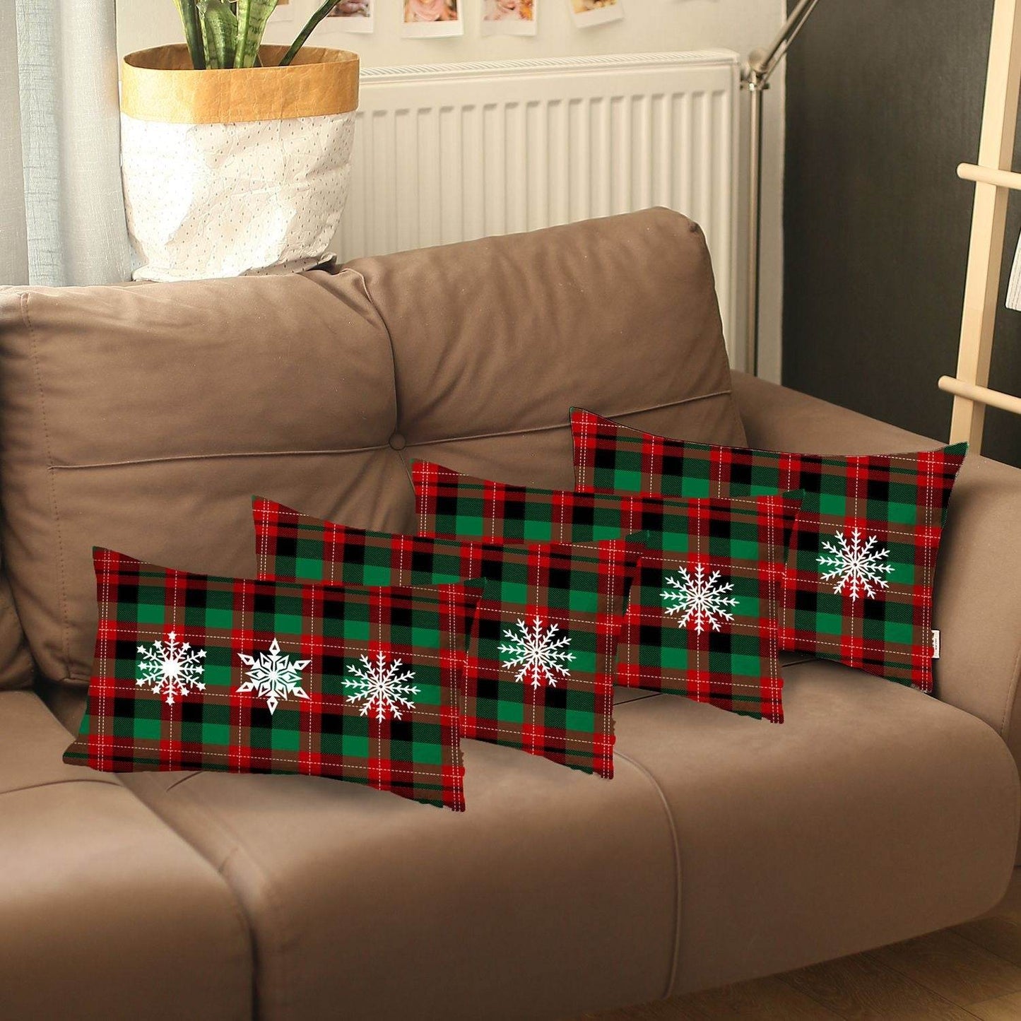 Set of 4 Christmas Snowflake Trio Plaid Lumbar Throw Pillows - Loft&Timber