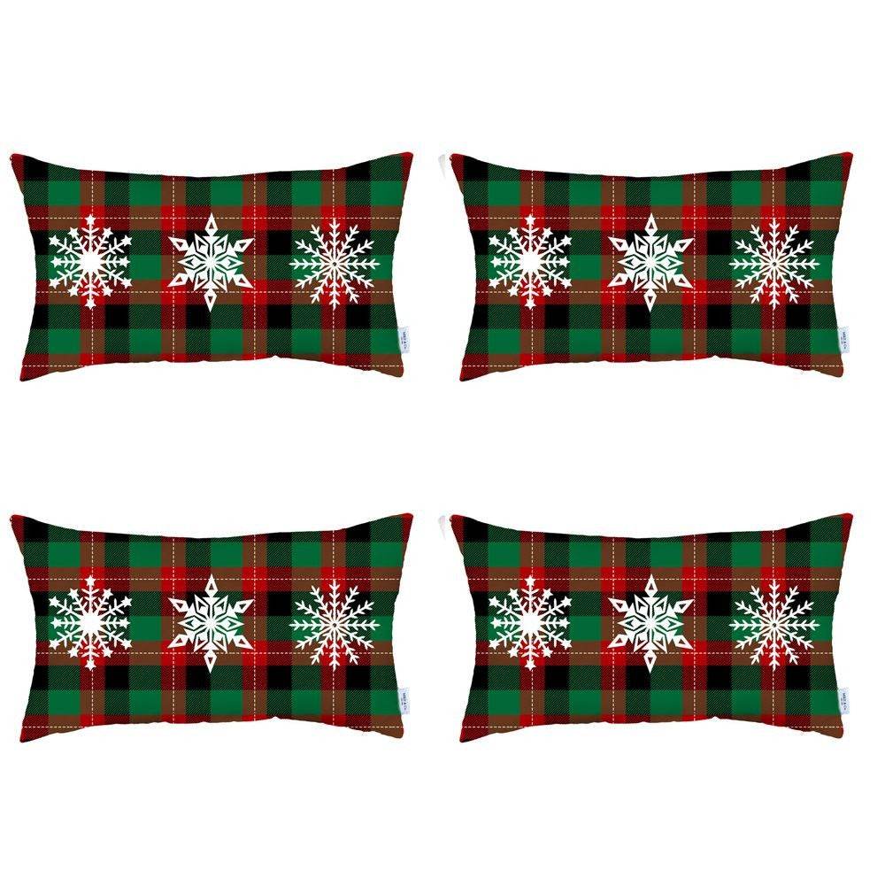 Set of 4 Christmas Snowflake Trio Plaid Lumbar Throw Pillows - Loft&Timber