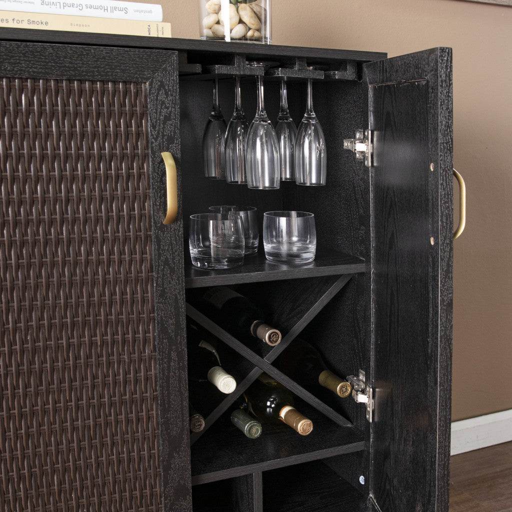 Modern Rustic Black Gold and Faux Rattan Bar Cabinet - Loft&Timber