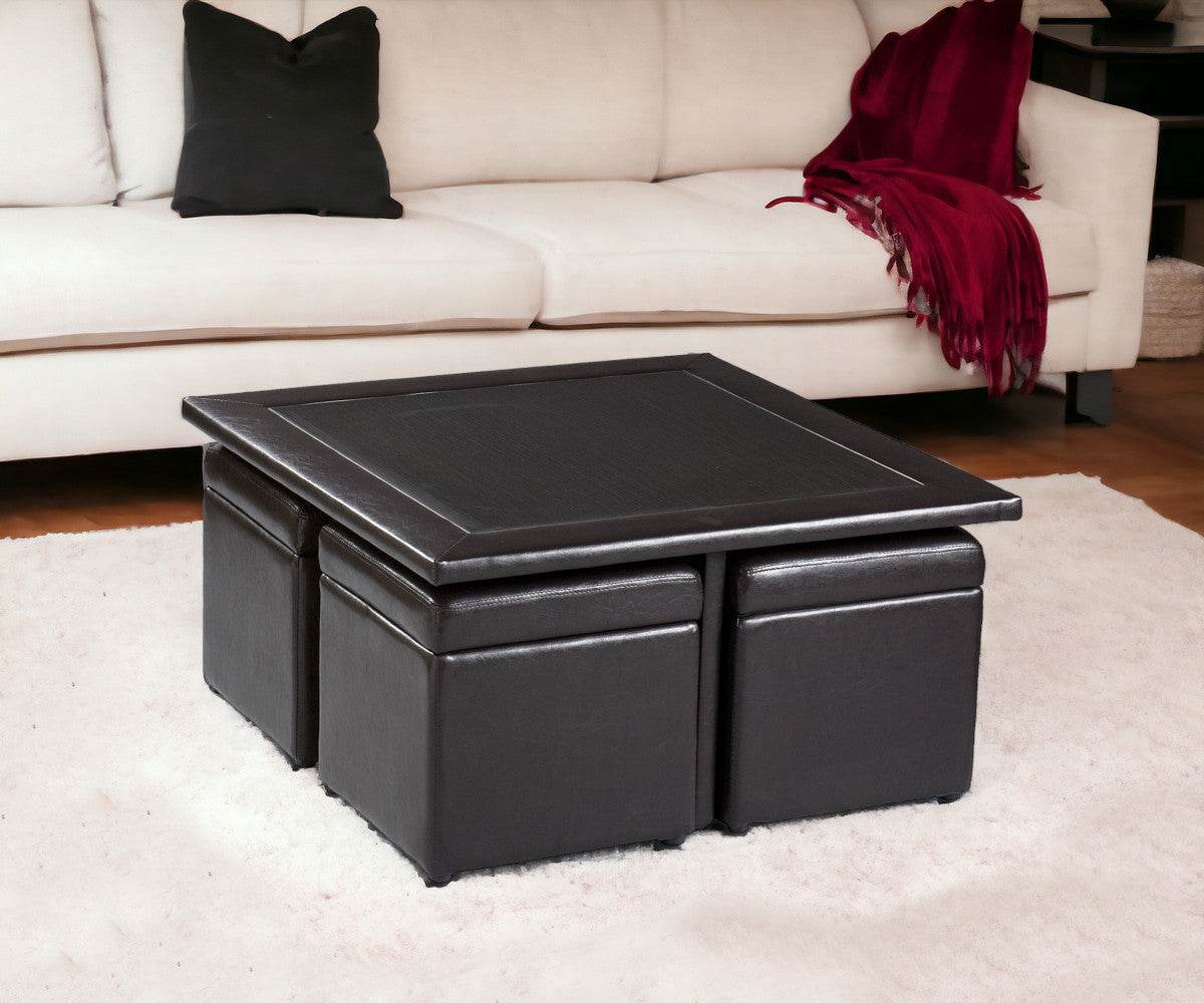 Five Piece Dark Brown Faux Leather Coffee Table and Storage Ottoman Set - Loft&Timber