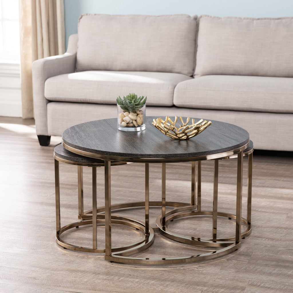 32" Champagne And Charcoal Manufactured Wood And Metal With Iron Round Coffee Table - Loft&Timber