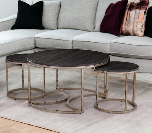 32" Champagne And Charcoal Manufactured Wood And Metal With Iron Round Coffee Table - Loft&Timber