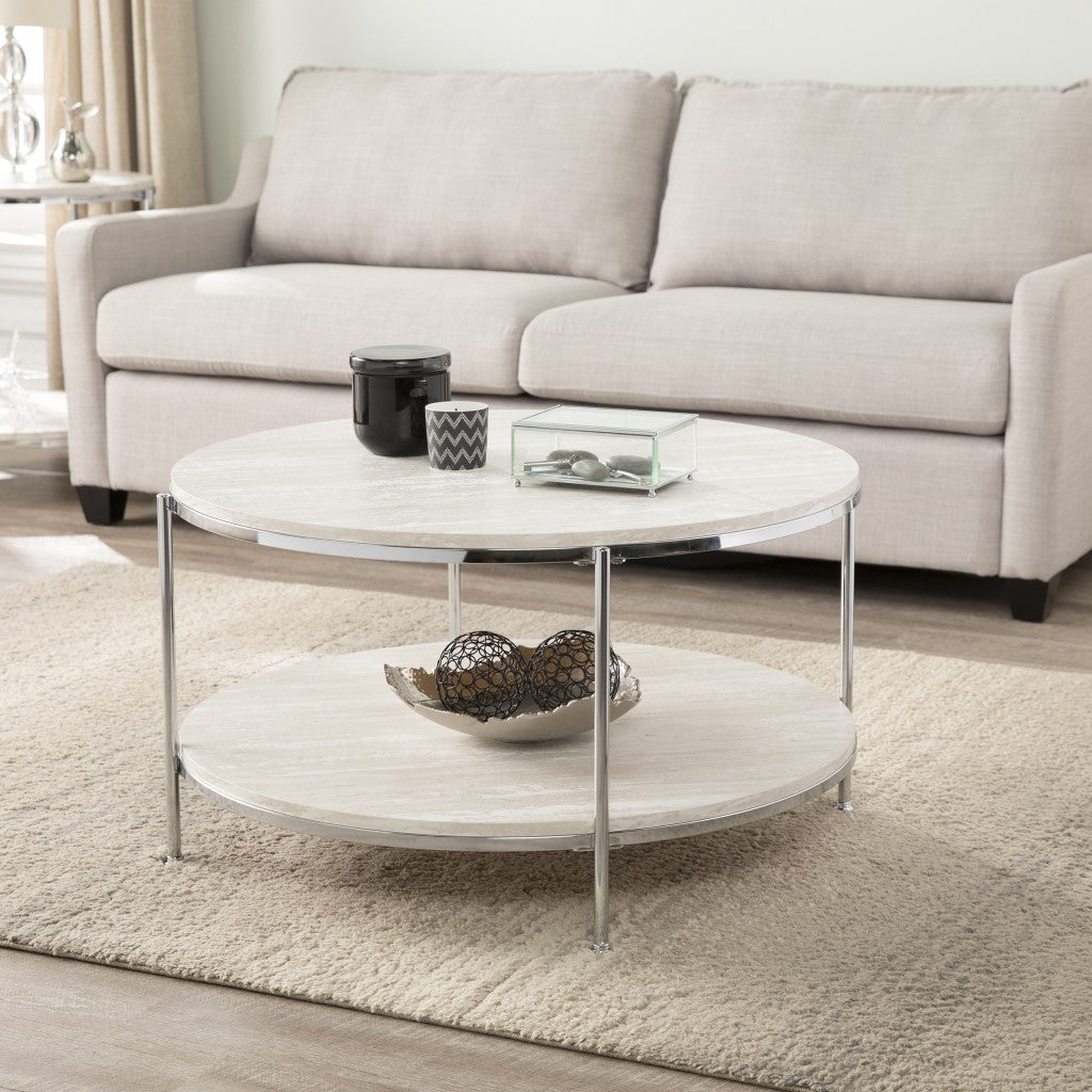 33" Chrome Faux Marble And Metal Round Coffee Table - Loft&Timber
