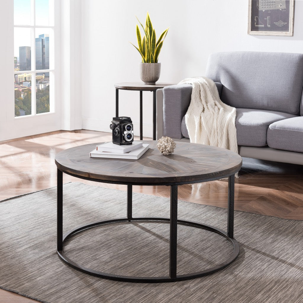 36" Natural And Brown Reclaimed Wood And Metal Round Coffee Table - Loft&Timber