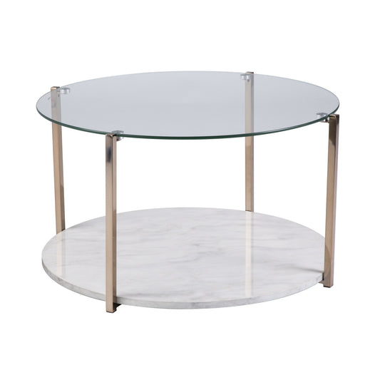 33" Gold Glam Glass And Faux Marble Two Tier Round Coffee Table - Loft&Timber