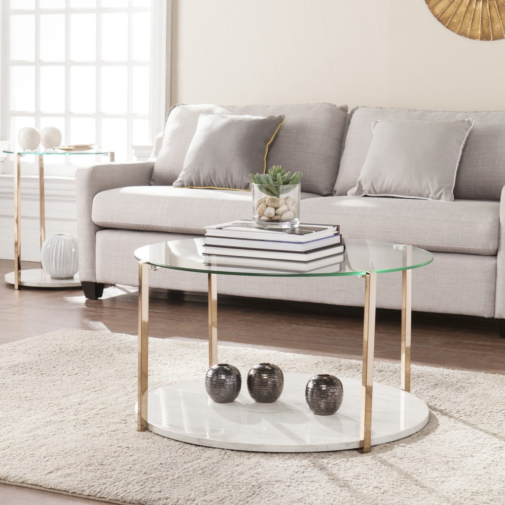 33" Gold Glam Glass And Faux Marble Two Tier Round Coffee Table - Loft&Timber